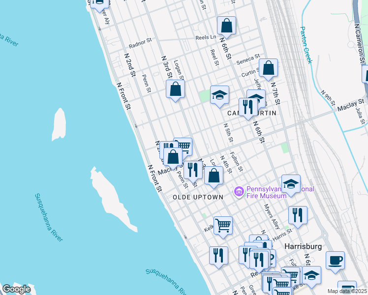map of restaurants, bars, coffee shops, grocery stores, and more near 2127 Green Street in Harrisburg