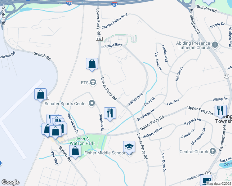 map of restaurants, bars, coffee shops, grocery stores, and more near 631 Masterson Court in Trenton