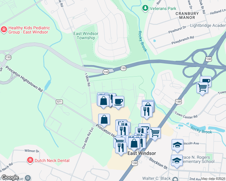 map of restaurants, bars, coffee shops, grocery stores, and more near 117 The Orchards in East Windsor