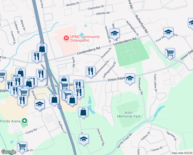 map of restaurants, bars, coffee shops, grocery stores, and more near 4320 Old Union Deposit Road in Harrisburg