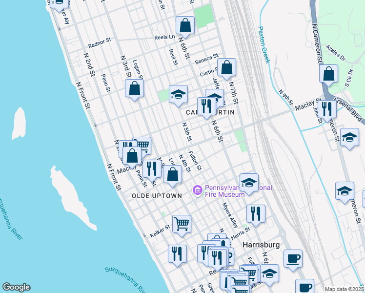 map of restaurants, bars, coffee shops, grocery stores, and more near 419 Maclay Street in Harrisburg