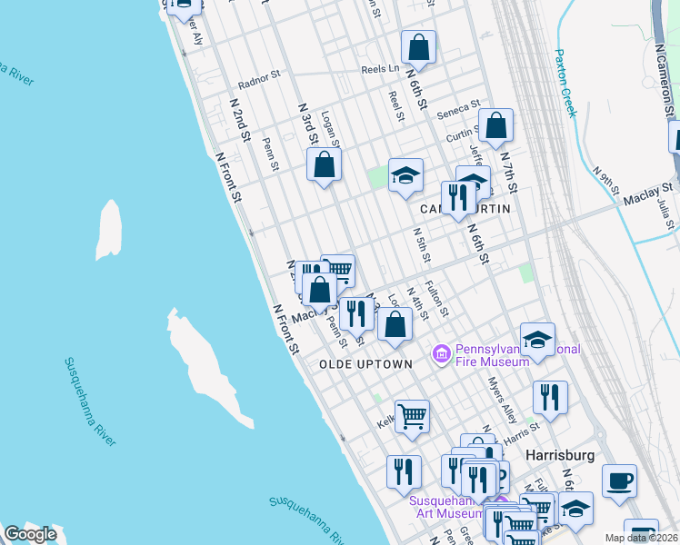 map of restaurants, bars, coffee shops, grocery stores, and more near 2127 Green Street in Harrisburg