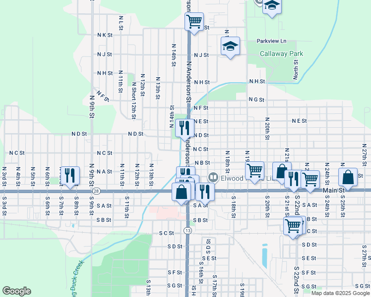 map of restaurants, bars, coffee shops, grocery stores, and more near 322 North Anderson Street in Elwood