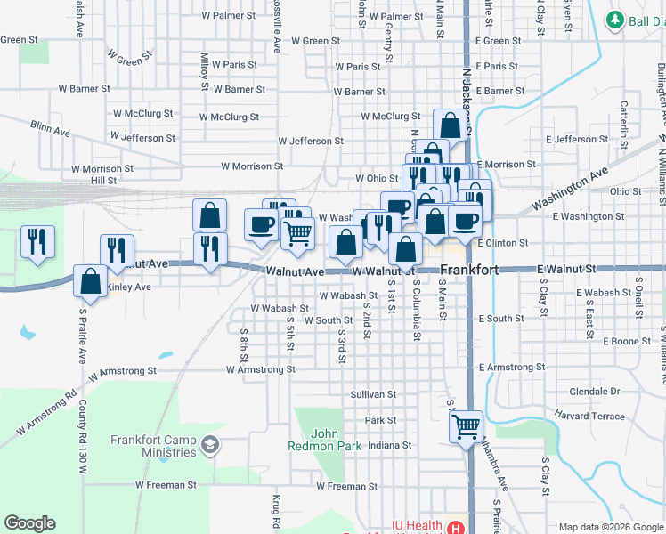 map of restaurants, bars, coffee shops, grocery stores, and more near 248-272 South 3rd Street in Frankfort