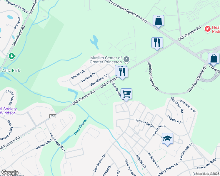 map of restaurants, bars, coffee shops, grocery stores, and more near 11 Cooper Court in West Windsor Township