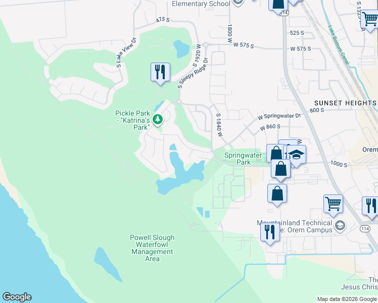 map of restaurants, bars, coffee shops, grocery stores, and more near 1929 West Golden Pond Way in Orem