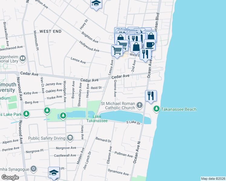 map of restaurants, bars, coffee shops, grocery stores, and more near 728 Greens Avenue in Long Branch