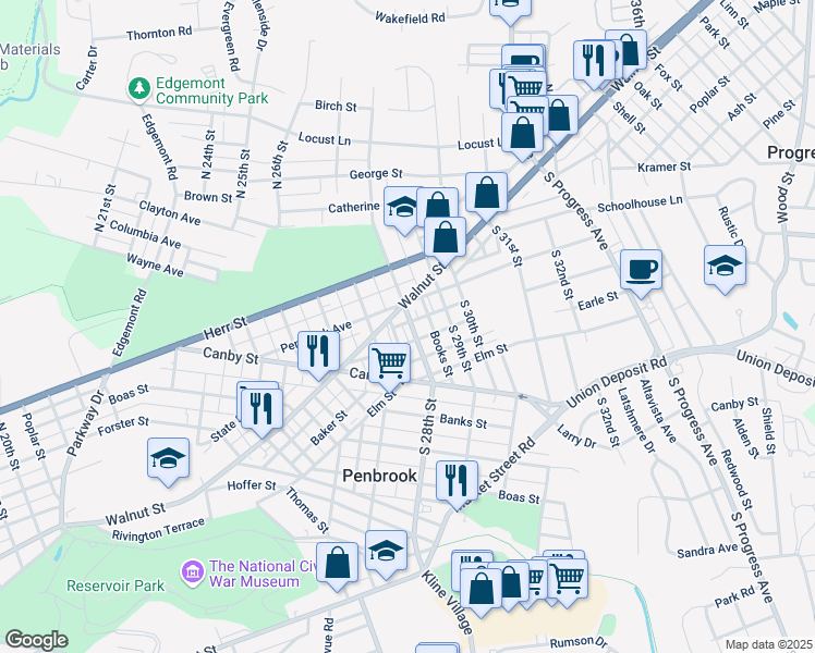 map of restaurants, bars, coffee shops, grocery stores, and more near 27 South 28th Street in Harrisburg