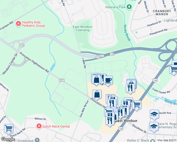 map of restaurants, bars, coffee shops, grocery stores, and more near 102 The Orchards in East Windsor