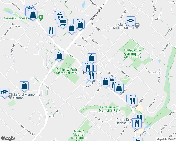 map of restaurants, bars, coffee shops, grocery stores, and more near 509 Main Street in Harleysville