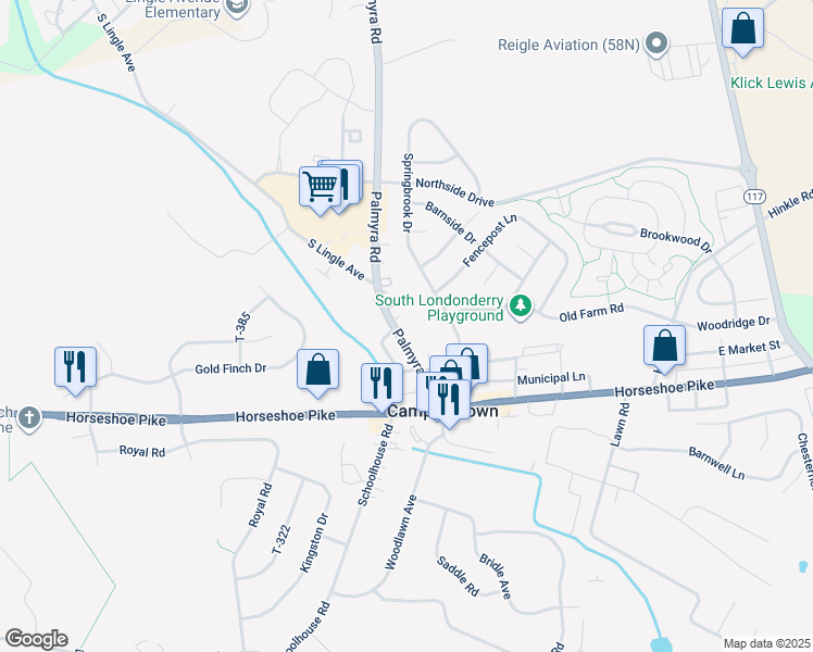 map of restaurants, bars, coffee shops, grocery stores, and more near 104 Palmyra Rd in Palmyra