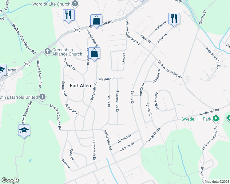map of restaurants, bars, coffee shops, grocery stores, and more near 118 Tippecanoe Drive in Greensburg