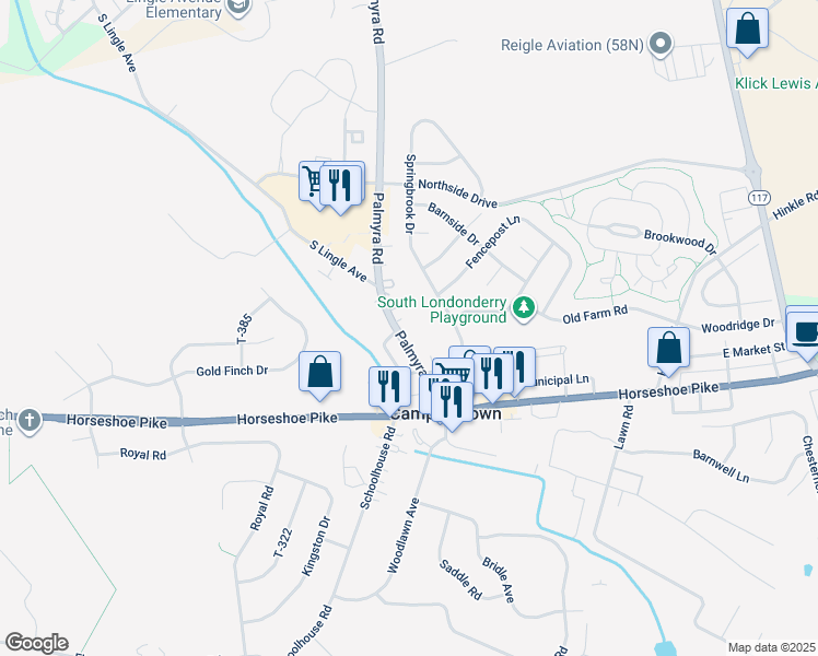map of restaurants, bars, coffee shops, grocery stores, and more near 104 Palmyra Rd in Palmyra