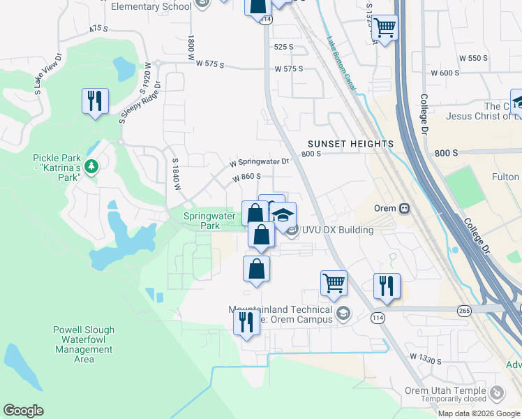 map of restaurants, bars, coffee shops, grocery stores, and more near 937 South 1635 West Street in Orem