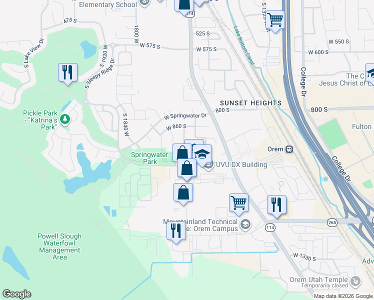 map of restaurants, bars, coffee shops, grocery stores, and more near 937 South 1635 West Street in Orem