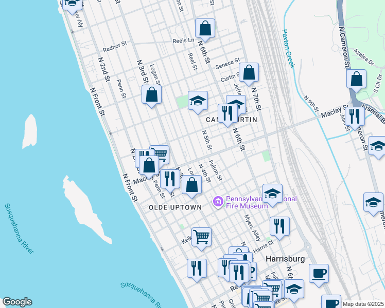 map of restaurants, bars, coffee shops, grocery stores, and more near 2104 North 4th Street in Harrisburg