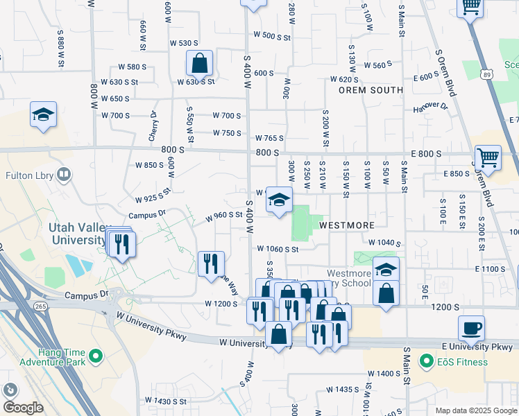 map of restaurants, bars, coffee shops, grocery stores, and more near 951 South 400 West in Orem
