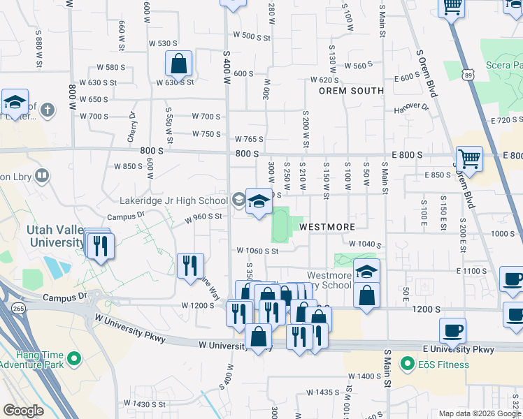 map of restaurants, bars, coffee shops, grocery stores, and more near 951 South 400 West Street in Orem