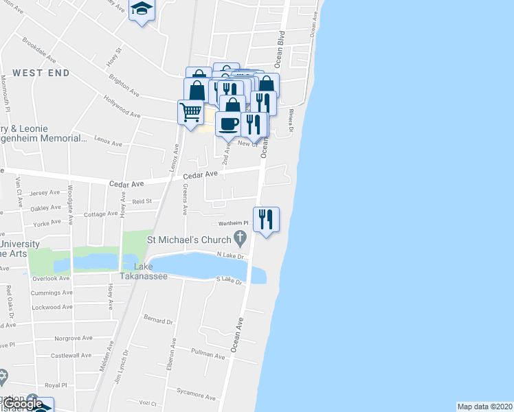 map of restaurants, bars, coffee shops, grocery stores, and more near 755 Ocean Avenue in Long Branch