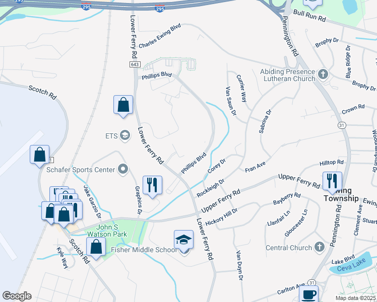 map of restaurants, bars, coffee shops, grocery stores, and more near 228 Masterson Court in Trenton