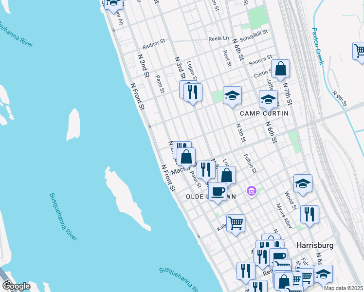 map of restaurants, bars, coffee shops, grocery stores, and more near 2113 North 2nd Street in Harrisburg