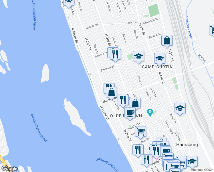 map of restaurants, bars, coffee shops, grocery stores, and more near 2113 North 2nd Street in Harrisburg