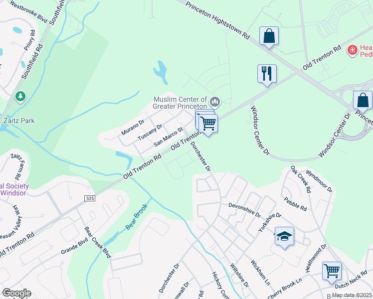 map of restaurants, bars, coffee shops, grocery stores, and more near 11 Cooper Court in West Windsor Township