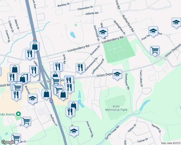 map of restaurants, bars, coffee shops, grocery stores, and more near 1070 Collingswood Drive in Harrisburg