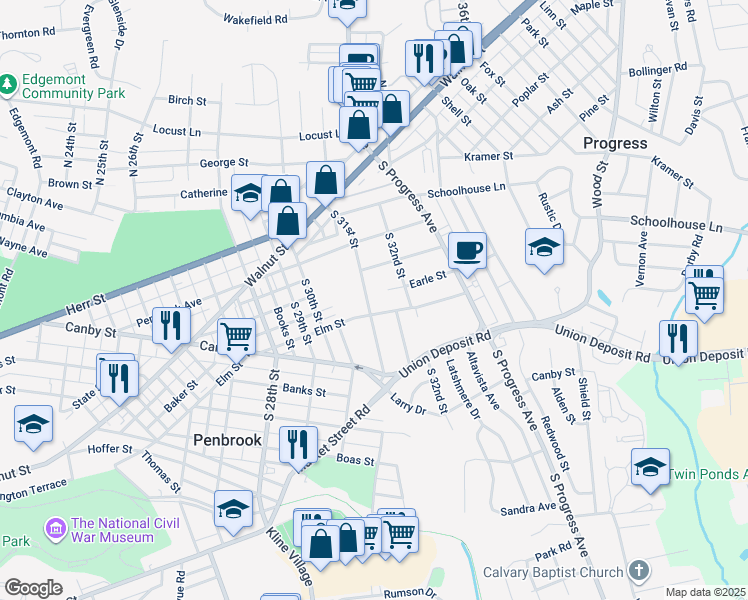 map of restaurants, bars, coffee shops, grocery stores, and more near 242 South 31st Street in Harrisburg