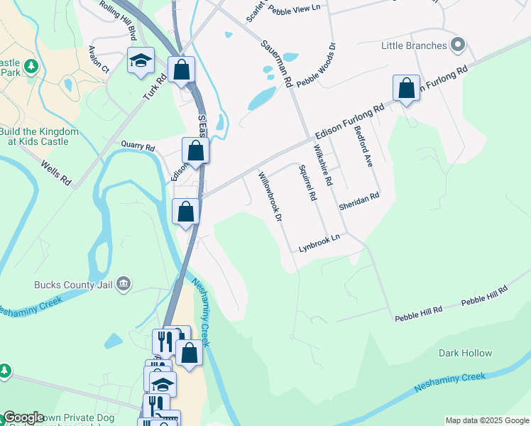 map of restaurants, bars, coffee shops, grocery stores, and more near 34 Willowbrook Drive in Doylestown