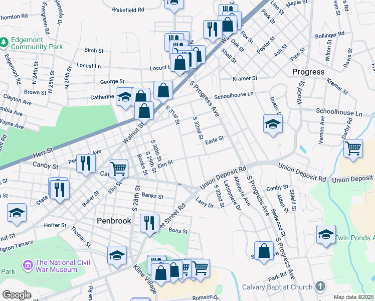 map of restaurants, bars, coffee shops, grocery stores, and more near 242 South 31st Street in Harrisburg