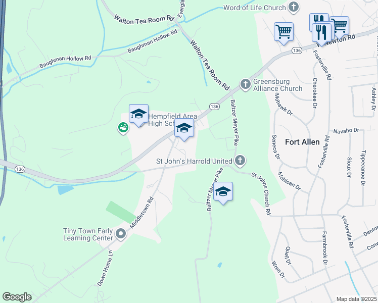 map of restaurants, bars, coffee shops, grocery stores, and more near 1368 Middletown Road in Greensburg
