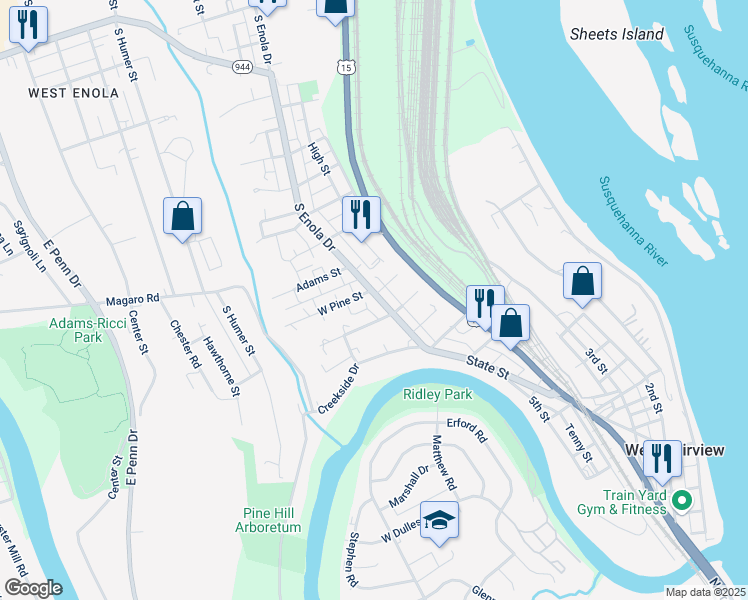 map of restaurants, bars, coffee shops, grocery stores, and more near 405 South Enola Drive in Enola