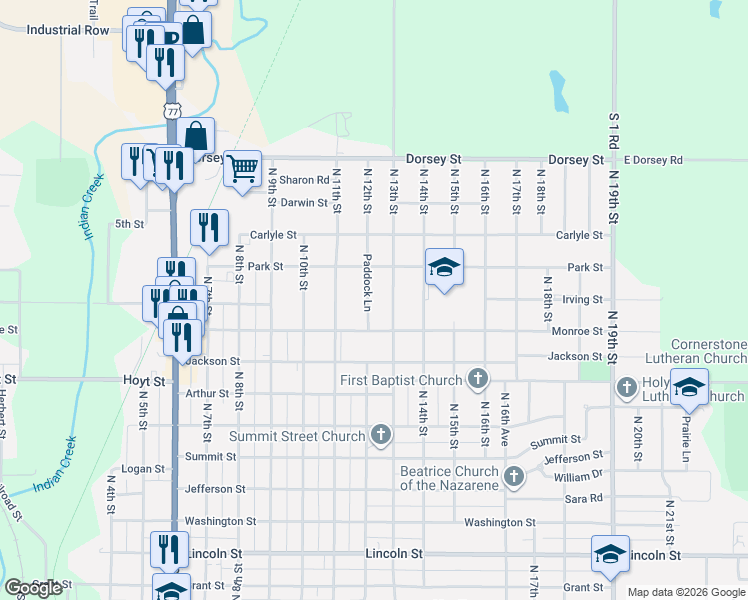 map of restaurants, bars, coffee shops, grocery stores, and more near 1400 Paddock Lane in Beatrice