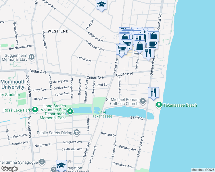 map of restaurants, bars, coffee shops, grocery stores, and more near 8 Cottage Avenue in Long Branch