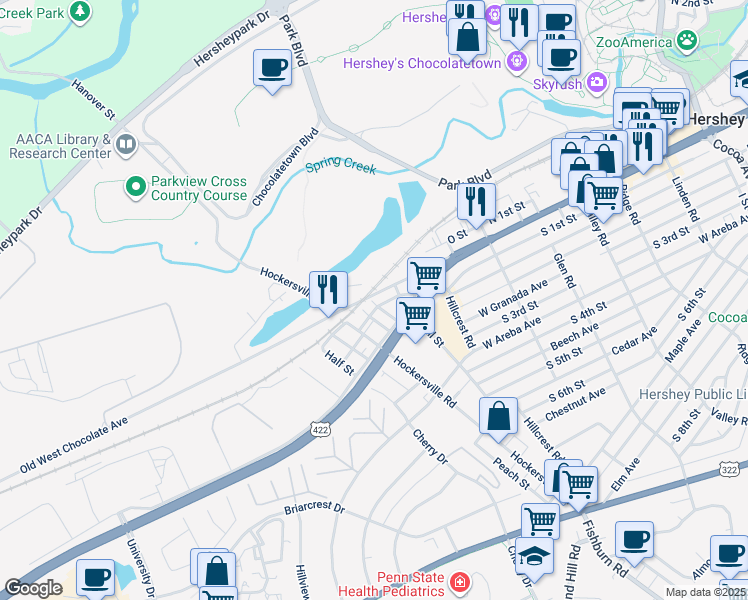 map of restaurants, bars, coffee shops, grocery stores, and more near 710 Swatara Avenue in Hershey