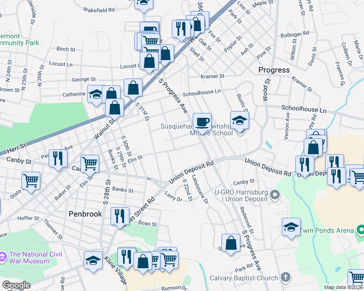 map of restaurants, bars, coffee shops, grocery stores, and more near 3205 Elm Street in Harrisburg