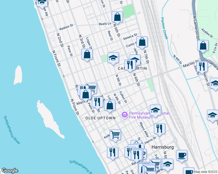 map of restaurants, bars, coffee shops, grocery stores, and more near in Harrisburg