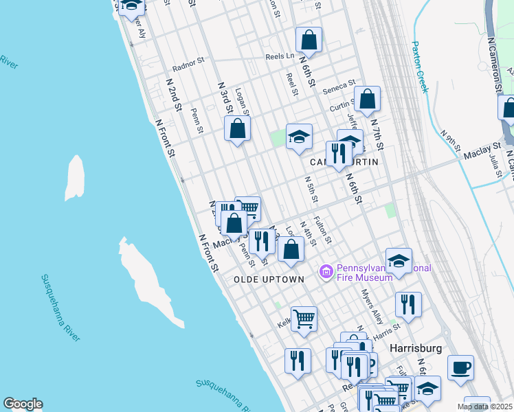 map of restaurants, bars, coffee shops, grocery stores, and more near in Harrisburg