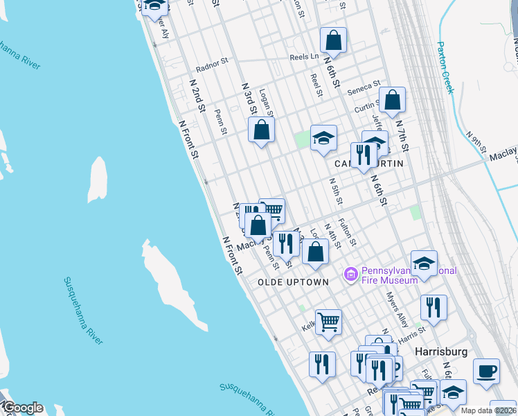 map of restaurants, bars, coffee shops, grocery stores, and more near 2127 Green Street in Harrisburg
