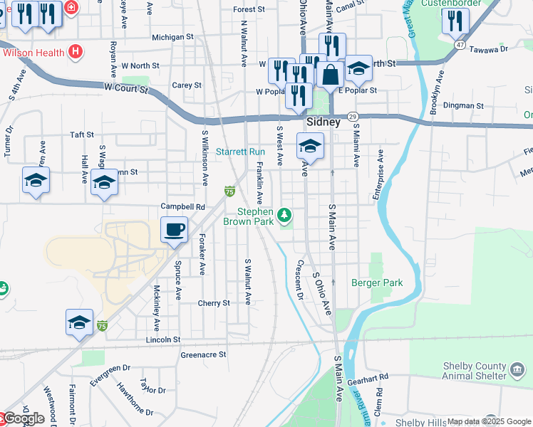 map of restaurants, bars, coffee shops, grocery stores, and more near 540 Franklin Avenue in Sidney