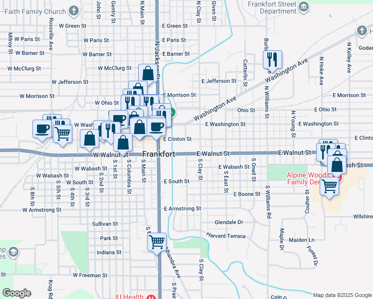 map of restaurants, bars, coffee shops, grocery stores, and more near 401 East Walnut Street in Frankfort
