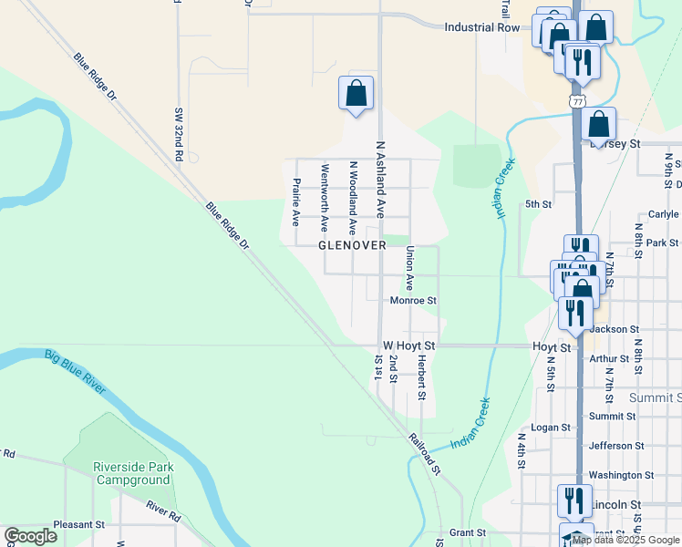 map of restaurants, bars, coffee shops, grocery stores, and more near 1225 North Woodland Avenue in Beatrice