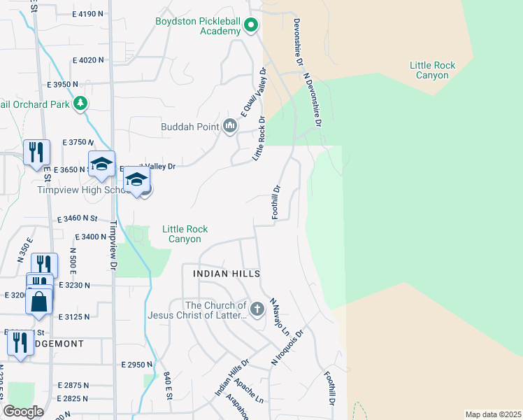 map of restaurants, bars, coffee shops, grocery stores, and more near 3442 North Navajo Lane in Provo