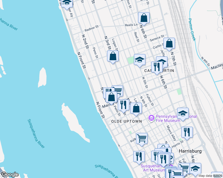 map of restaurants, bars, coffee shops, grocery stores, and more near 2127 Green Street in Harrisburg