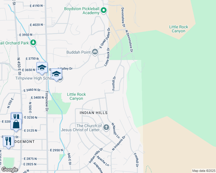 map of restaurants, bars, coffee shops, grocery stores, and more near 3442 North Navajo Lane in Provo