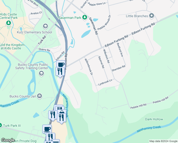 map of restaurants, bars, coffee shops, grocery stores, and more near 34 Willowbrook Drive in Doylestown