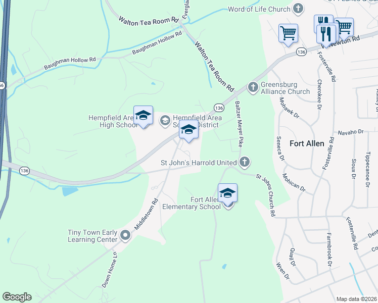 map of restaurants, bars, coffee shops, grocery stores, and more near 1368 Middletown Road in Greensburg