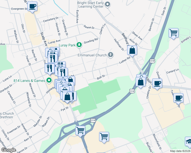 map of restaurants, bars, coffee shops, grocery stores, and more near 308 Bob Street in Johnstown
