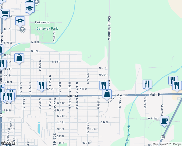 map of restaurants, bars, coffee shops, grocery stores, and more near 2727 North C Street in Elwood